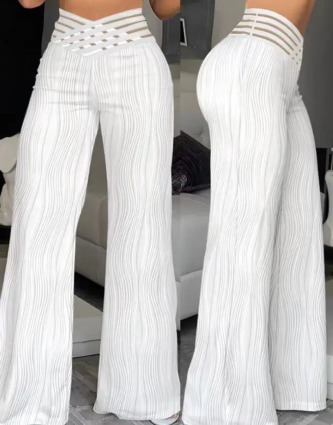 

Ladies High Waist Casual Pants Solid Color Drape Pleated Hollow Water Ripple Wide Leg Pants Trousers