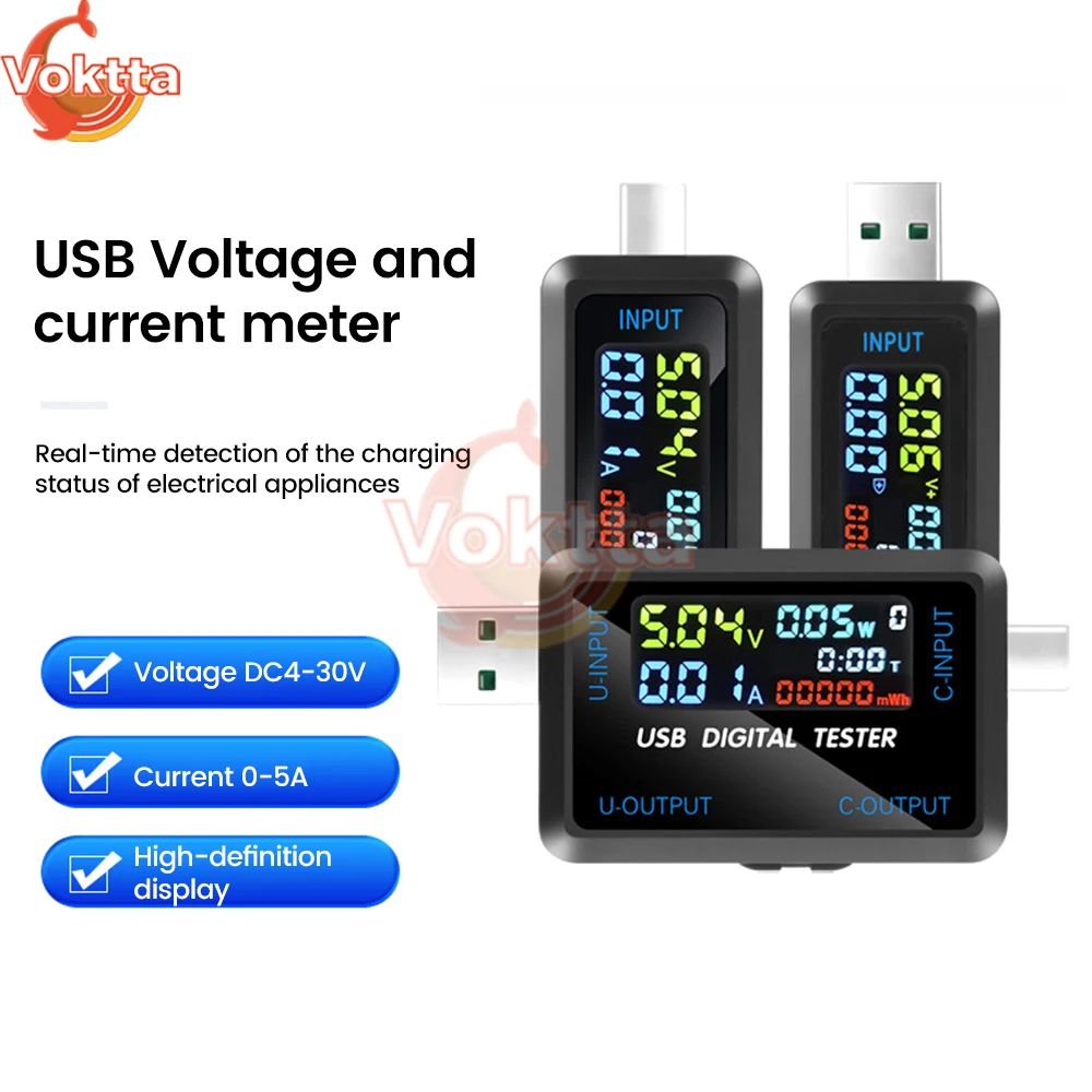 DC 4.5-36V Digital Voltmeter Ammeter Type-C USB Tester DC Voltage Current Meter Ammeter Monitor Power Bank Charger Capacity Test