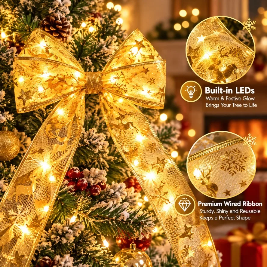 1~10M Polychrome Christmas Ribbon Fairy Lights with Gold/Silver Bow, DIY Home Window Holiday Decoration for Christmas New Year