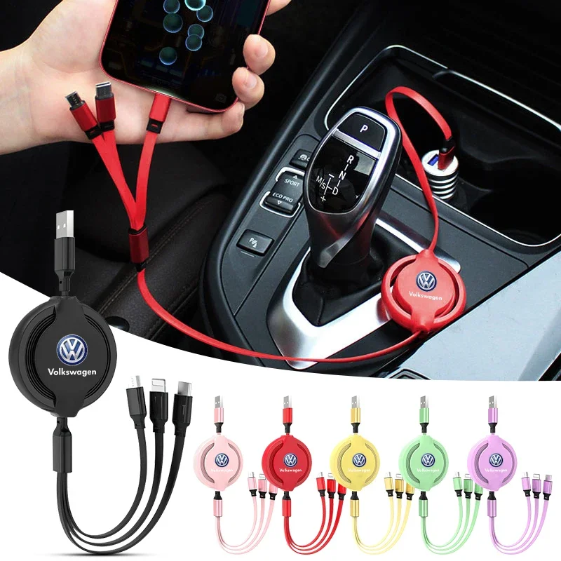 For Volkswagen VW Car Mounted Telescopic Three In One Mobile Phone Charger For Volkswagen Tharu R T5 GTI Tiguan Passat R-Line Sc