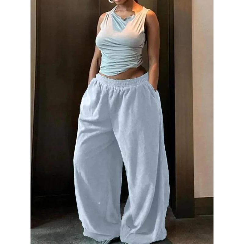 حجم كبير سراويل الموضة النسائية الجديدة ملابس الشارع الأساسية مستقيم عادية بنطال ملاصق للجسم سيدة مثير الصلبة بسيطة محبوك بنطلون