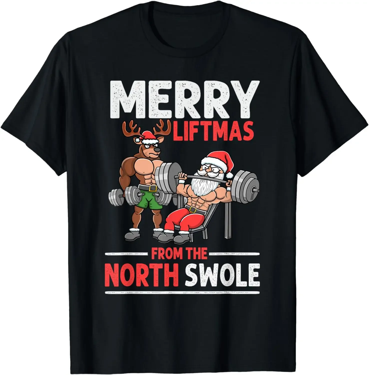 

Merry Liftmas Santa Reindeer Weightlifting Graphic T-Shirt Breathable Muscle Workout Tee