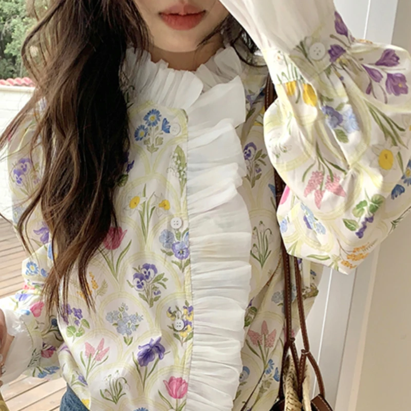 Matakawa Flare Hülse Frauen Shirts Drucken Floral Rollkragen Vintage Koreanische Mode Chic Blusen Elegante Frühling Herbst Blusas