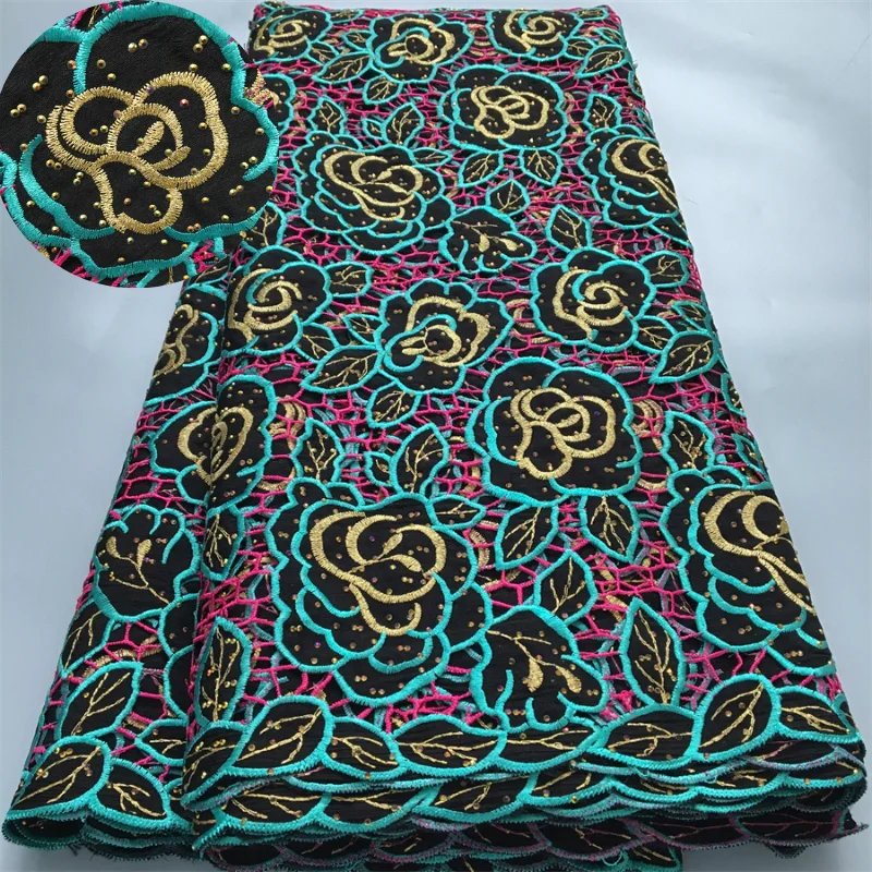 

African Dry Cotton Lace Fabric 2024 High Quality 5 Yards Rhinestone Embroidered Nigerian Lace Fabric Party Dress for Women A4031