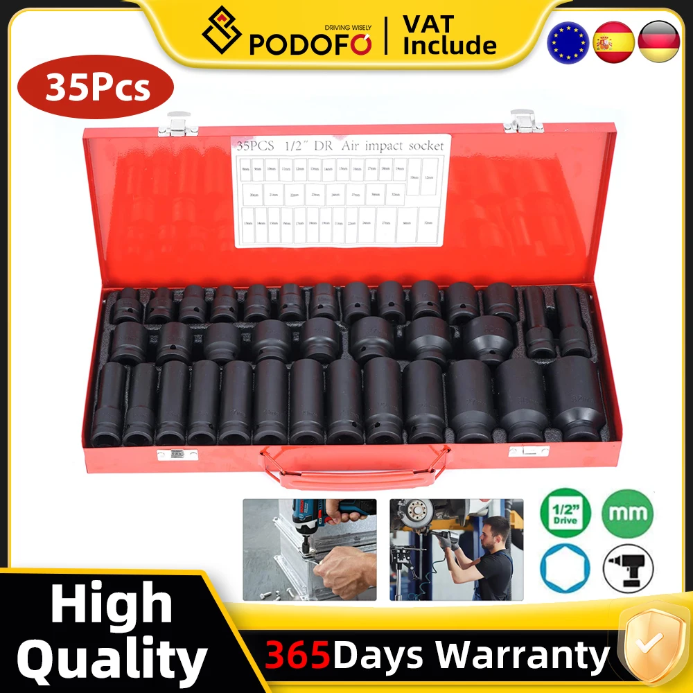 Kit di strumenti per presa a impatto da 35 pezzi per avvitatore ad aria compressa Set di riparazione in acciaio CR-MO con presa addensata in acciaio al cromo vanadio da 1/2 Drive