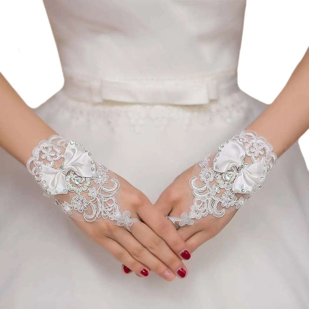 White Lace Wedding Rhinestone Pearl Floral Bridal Women Lace Short Lace Gloves