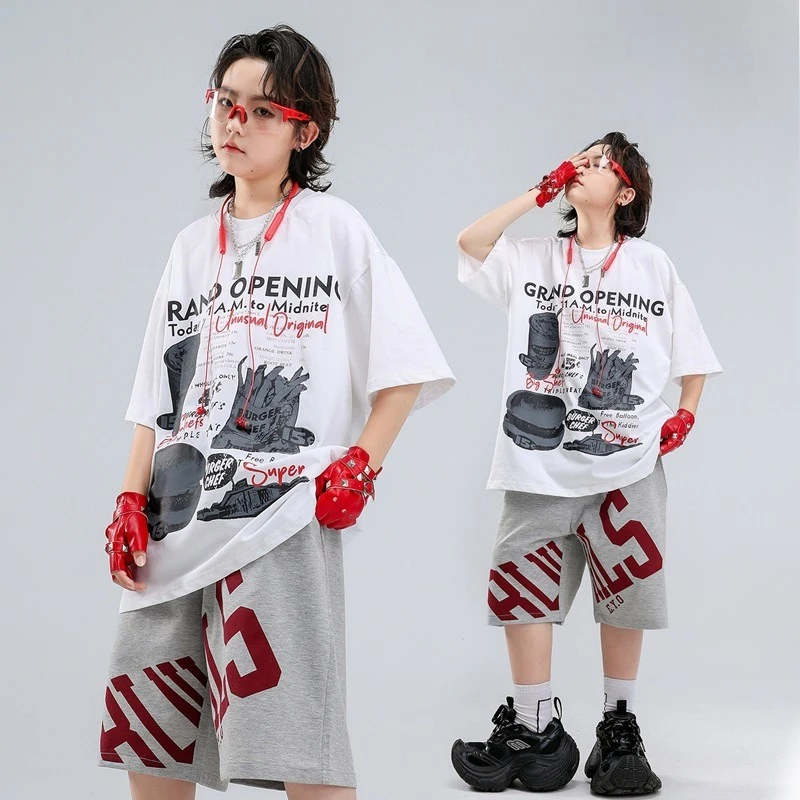 

Boys Hip Hop White T-shirt Street Dance K-pop Grey Shorts Jazz Dance Performance Clothes Set Group Streetwear Stage Costumes