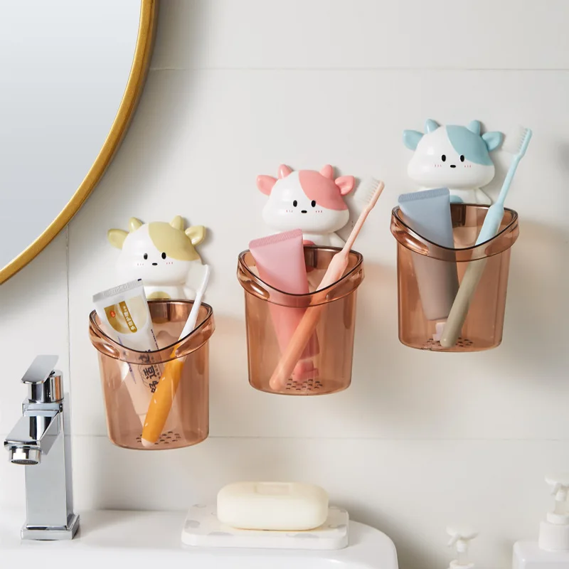 Cute Cat Shelf Free Toothbrush Holder Bathroom Wall Mounted Toothpaste Toothbrush Storage Bucket Toiletries Rack