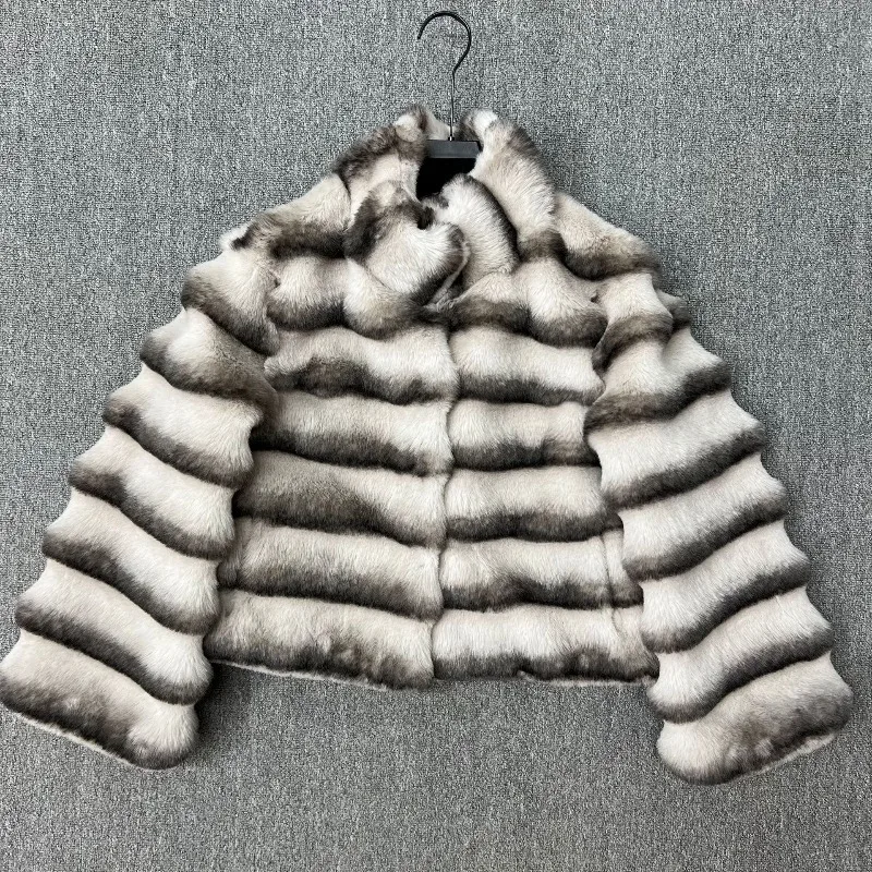 Bequemer, langärmliger Faux-Rex-Kaninchenfellmantel für Damen, 2025, Herbst und Winter, neue kurze Stehkragen-verdickte warme Pelzjacke