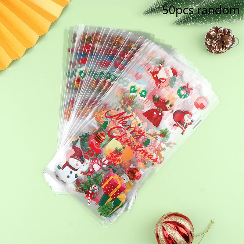 50pcs Christmas Series Candy Bags Santa Snowman Gift Bag Christmas Decorations 2024 Xmas Gift Bags Cookies Packing Supplies