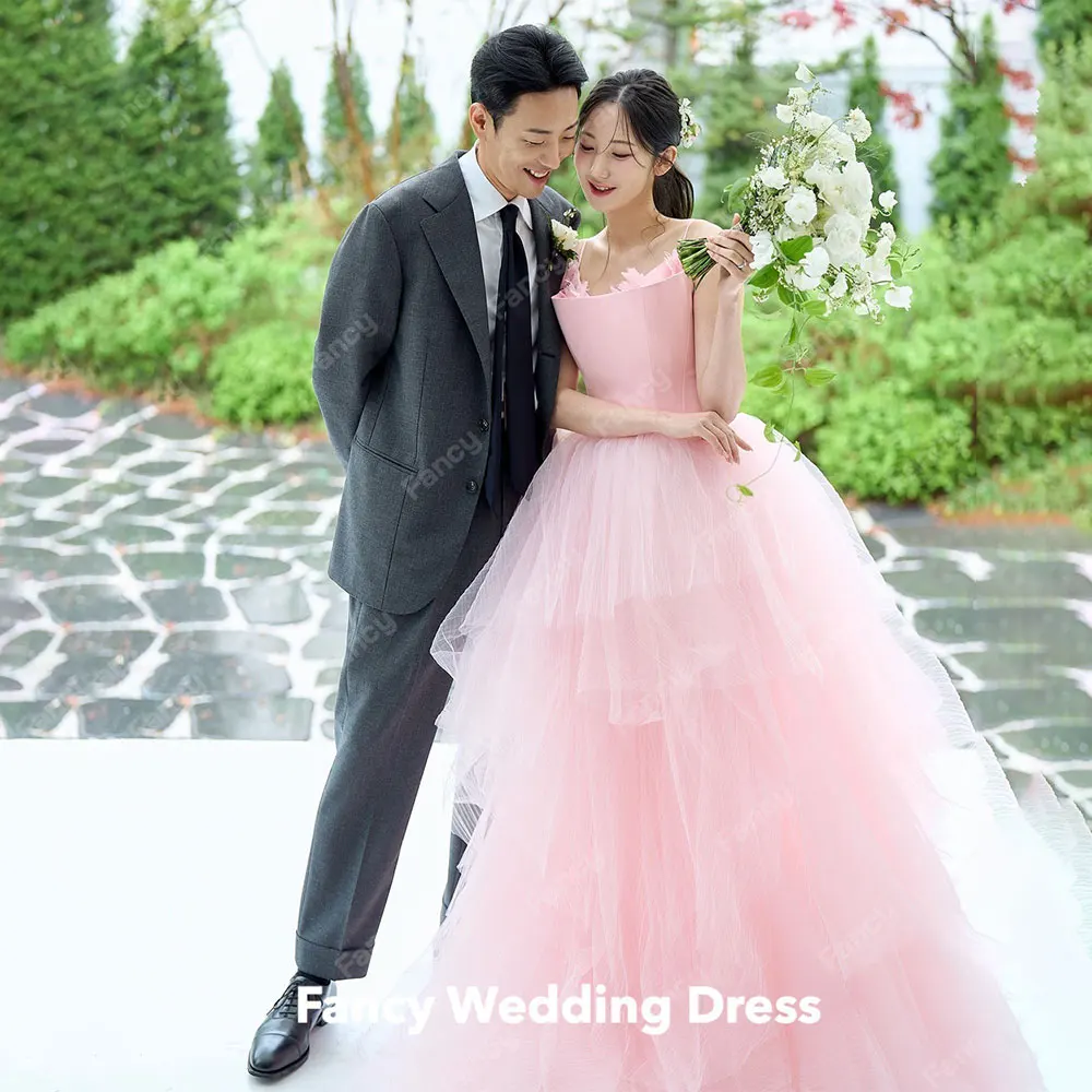 Fancy Fairy Pink Strapless Korea Wedding Dress Photo Shoot A Line Tulle Bridal Gown Floor Length Evening Dresses Custom Made