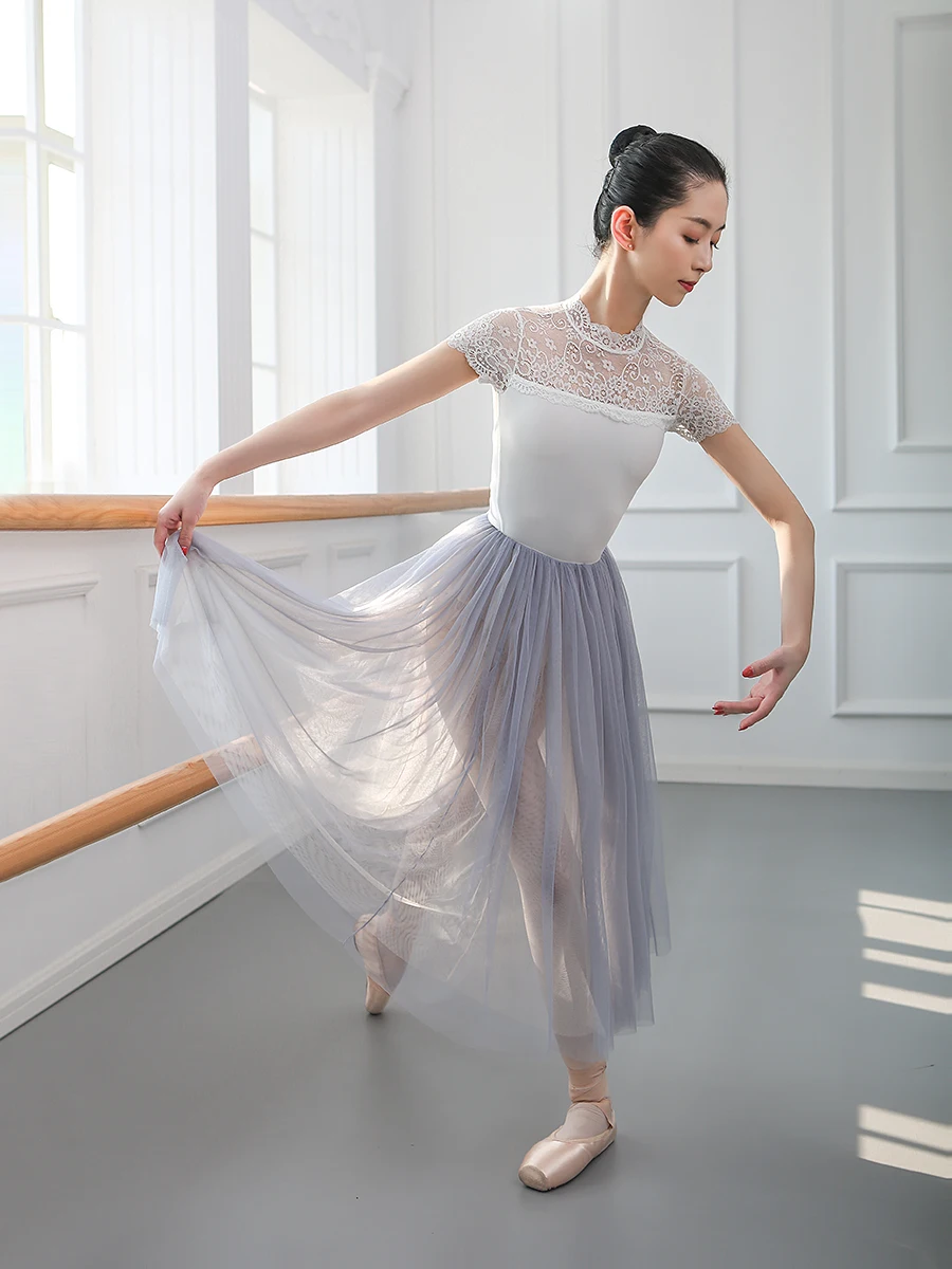 Collant feminino de renda, vestido de bailarina feminino, roupa de ginástica feminina sem costas, manga curta, novo, primavera e outono, 2020