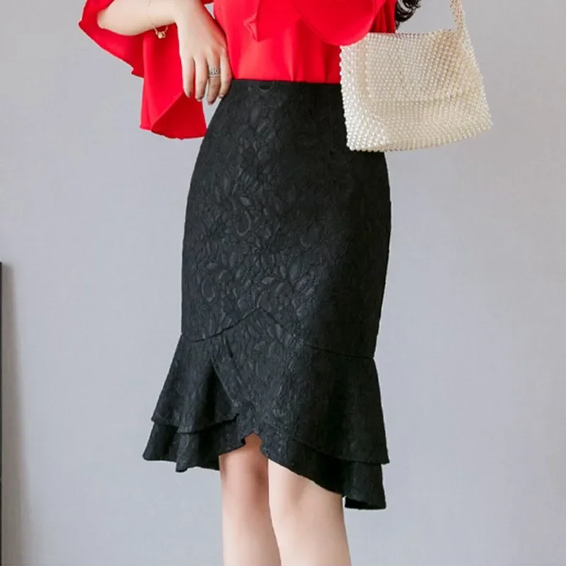 SEXMKL Oversized White Lace Skirt Women 2024 Summer High Waist Black Skirts Sexy Office Lady Ruffles Pencil Skirt Jupe Femme