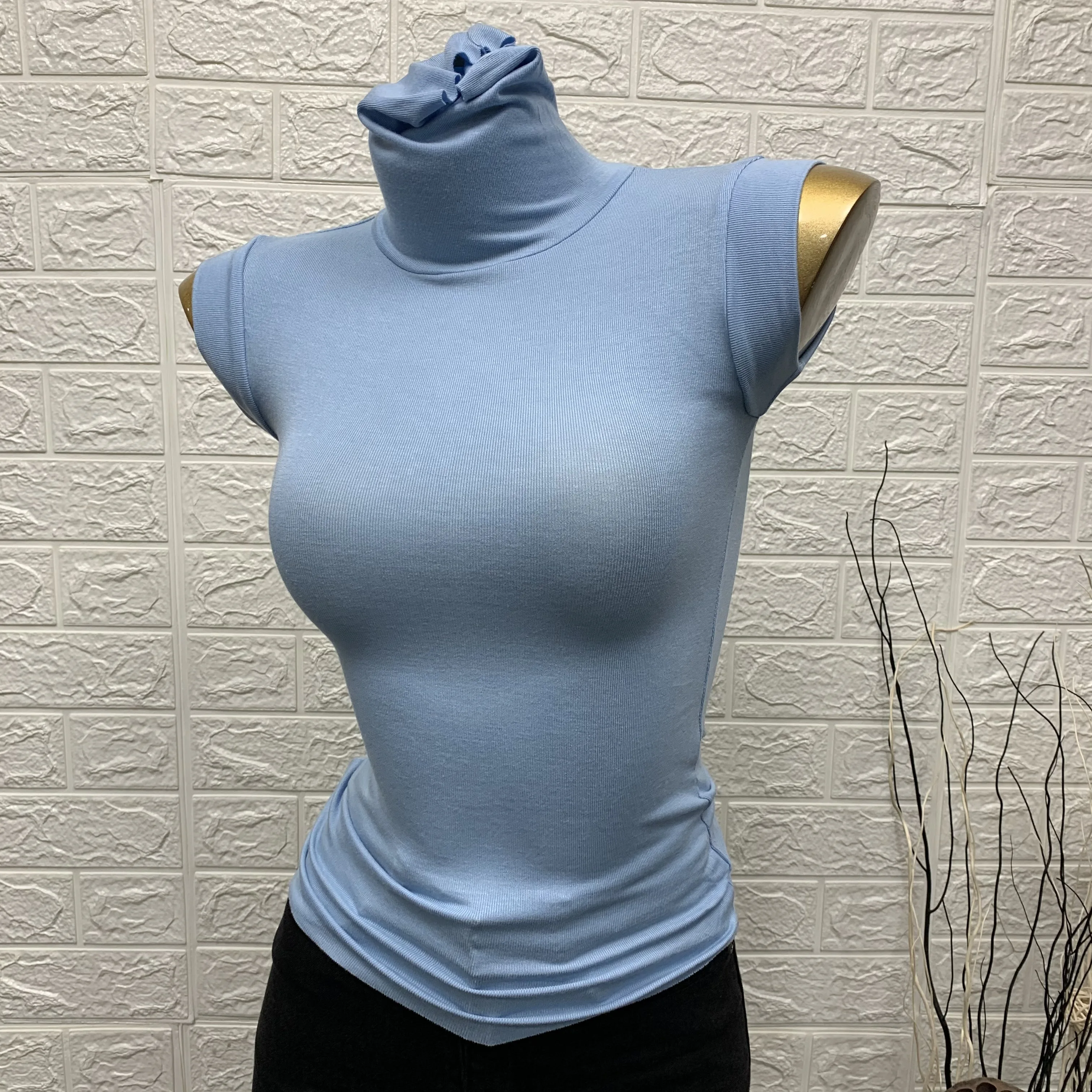 

Blue Turtleneck Women T-Shirts Summer New Design Elastic Slim Solid Elegant Female Pulls Lightweight Buttoming Tops Tees