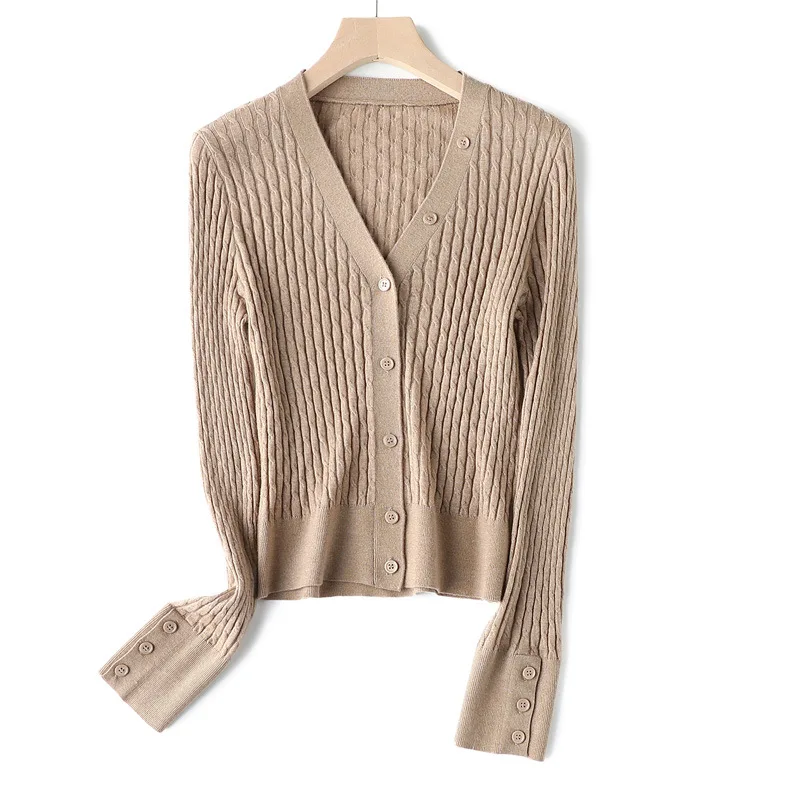 

2023 New Real Wool Blended Sweater Woman Tops High Quality Women's Knitted Cardigan V-neck