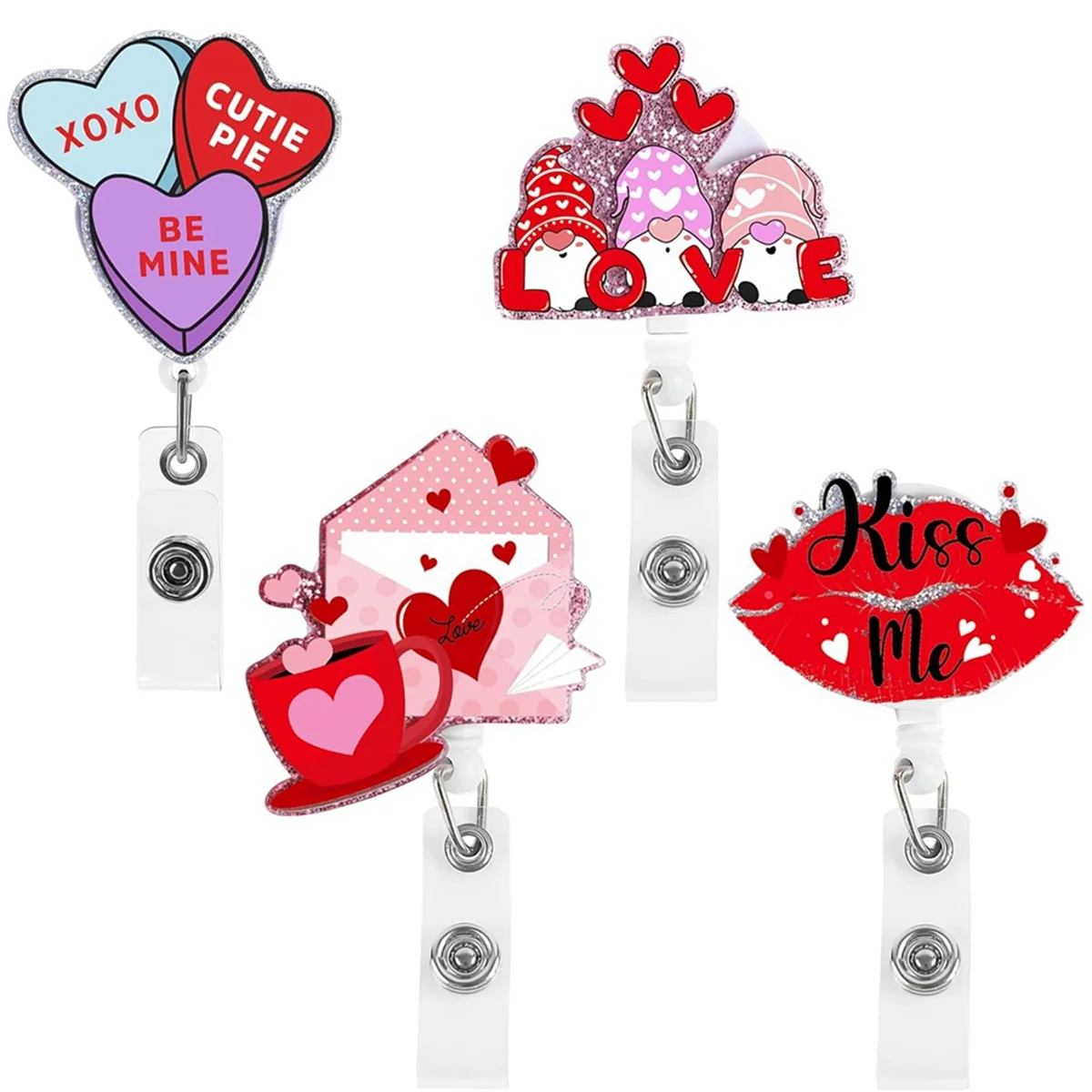 4Pcs Badge Holder Reel Clip - Valentines Day Gifts Cute Pink Heart Pattern Id Name Card Retractable Badge Reel Clip