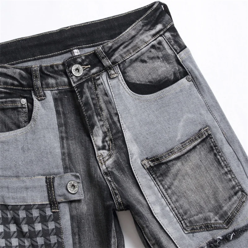 Sommer-Jeans mit doppelter Gürtelschnalle für Herren, kariertes Panel, schmale Baumwolle, Stretch, grau, getragener Farbverlauf, mehrere Gesäßtaschen vorne, Saison 23