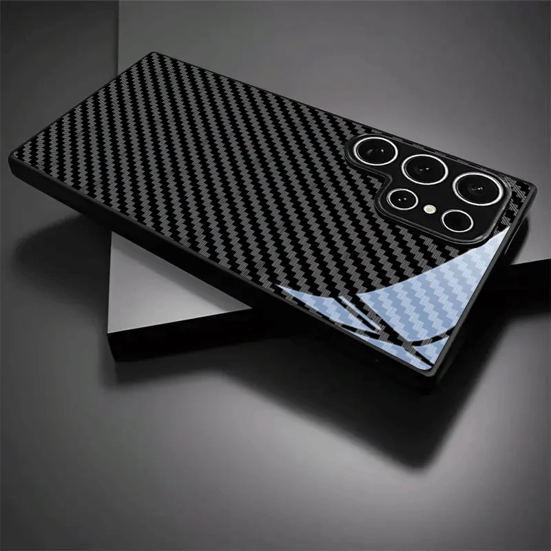 Carbon fiber textured pattern tempered glass phone case suitable for Samsung Galaxy S25 S24 S23 S22 S20 FE Ultra Plus 4G 5G