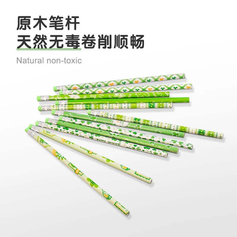 12Pcs Clover Pattern Wooden Pencil HB With Eraser Writing Pencil School Office Stationery Supplies Exam Drawing Pencil