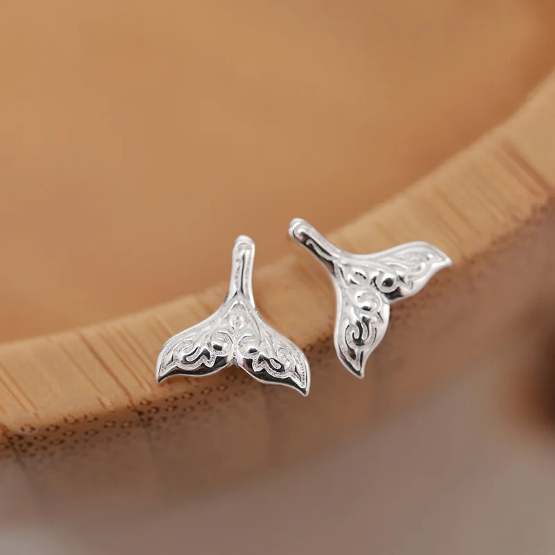 New Simple Fashion 925 Sterling Silver Jewelry Personality Pattern Fish Tail For Women Stud Earrings   E243