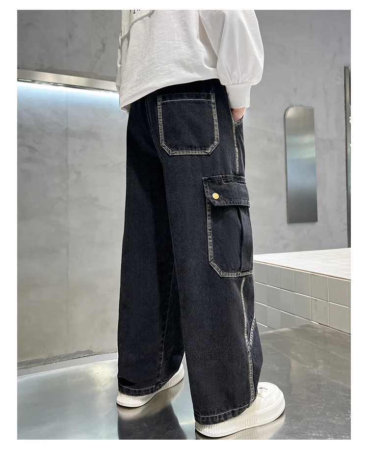 Neue lässige Kinder-Cargo-Jeans mit geradem Bein und Taschen für Teenager-Jungen, modische Street-Denim-Hosen, elegante Hosen für Kinder. – Detail 15