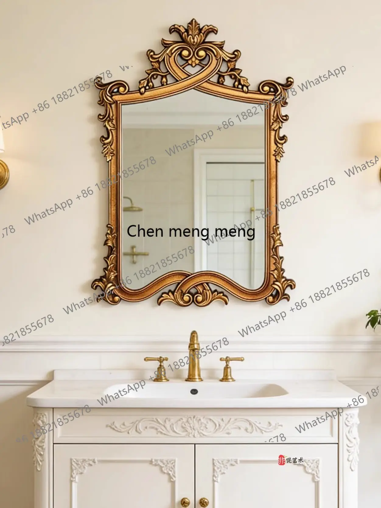 French retro carved bathroom mirror European light luxury wall-mounted makeup vanity mirror American entrance