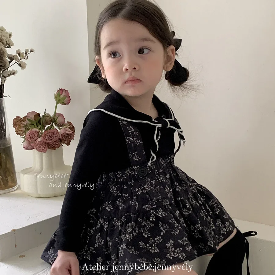 2024 Autumn Infant and Toddler Outing Clothes Baby Girl Floral Strap Romper Skirt Girls Bow Long Sleeve Fashion Top Sets