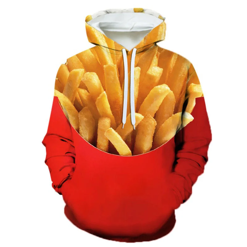 3D Printing Steak Salad French Fries Food Hoodie For Men Long Sleeves Hooded Sweatshirt Hamburger Pattern Casual Pullovers