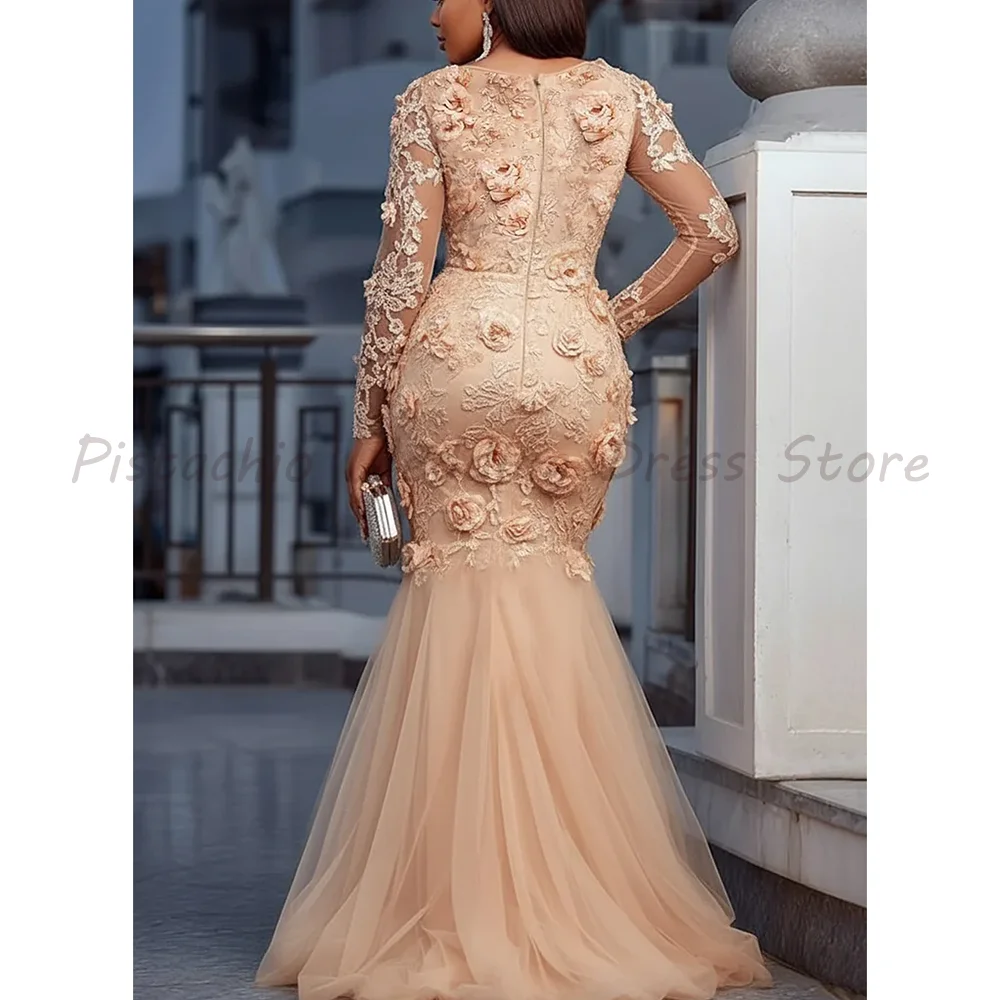 Champagne V-Neck Mermaid Evening Dress Luxury 3D Floral Lace Long Sleeve Tulle Formal Prom Gown for Women