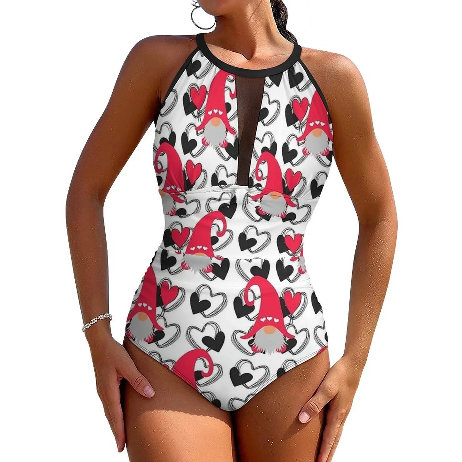 Gnomes with Heart Swimsuit Sexy Love Gifts for Valentines Day Women Swimwear One Piece Bodysuit Beach Push Up Cut Out Monokini