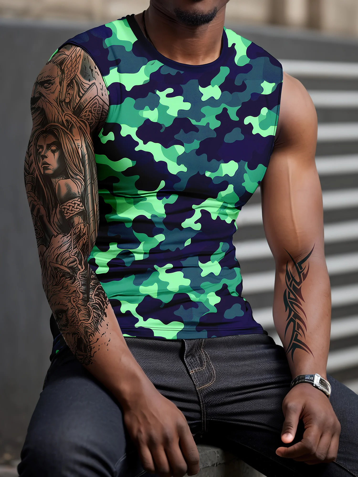 Fashionable Men\'s 3d Printed Round Neck Sleeveless T-Shirt Spring/Summer Retro Camouflage Military Style Sports Top Street Vest