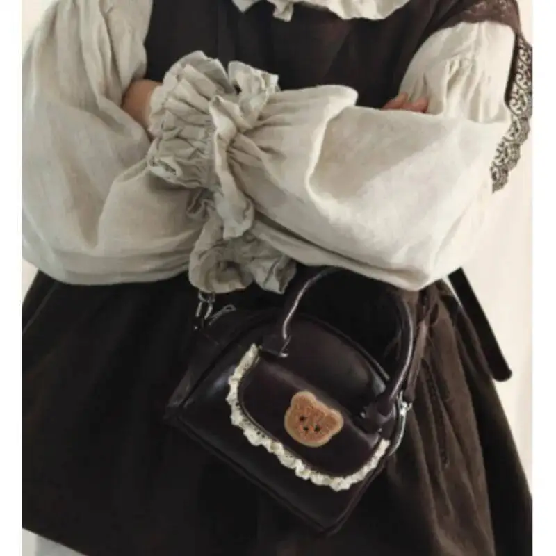 Bloom Haruku Brown Messenger Women Retro Bear Embroidery Handle Crossbody Bags Ladies Vintage Sweet Cute Hand Bag Chic