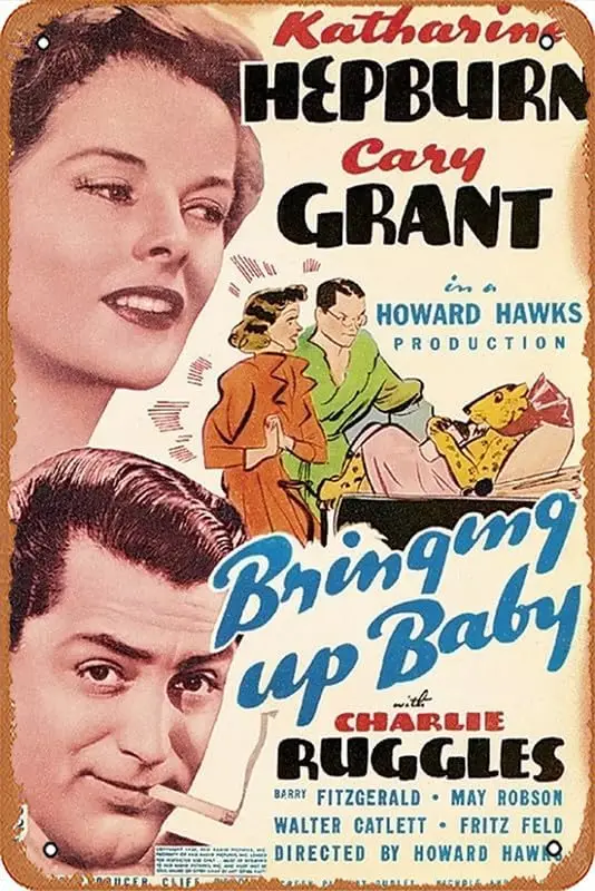 Vintage Metal Aluminum Sign Bringing Up Baby, Katharine Hepburn, Cary Grant on window card, 1938 Film and Television Poster Wall