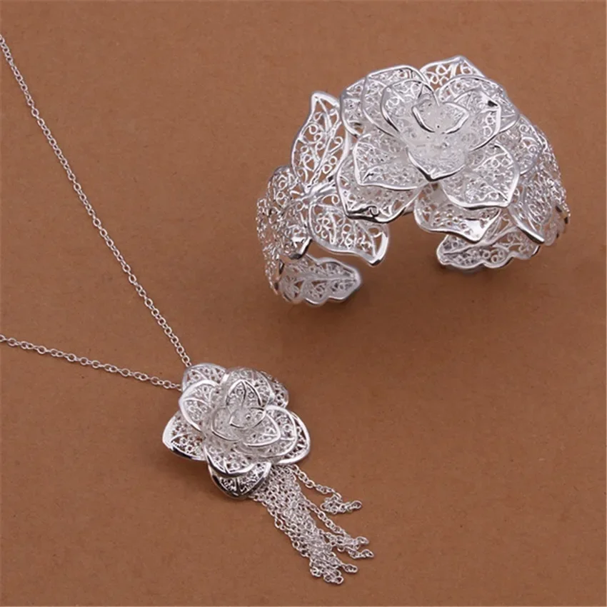 

925 Sterling Silver Jewelry Sets Big Flower Bangle Pendant Bracelet Necklaces for Women Fashion Party Christmas Gifts