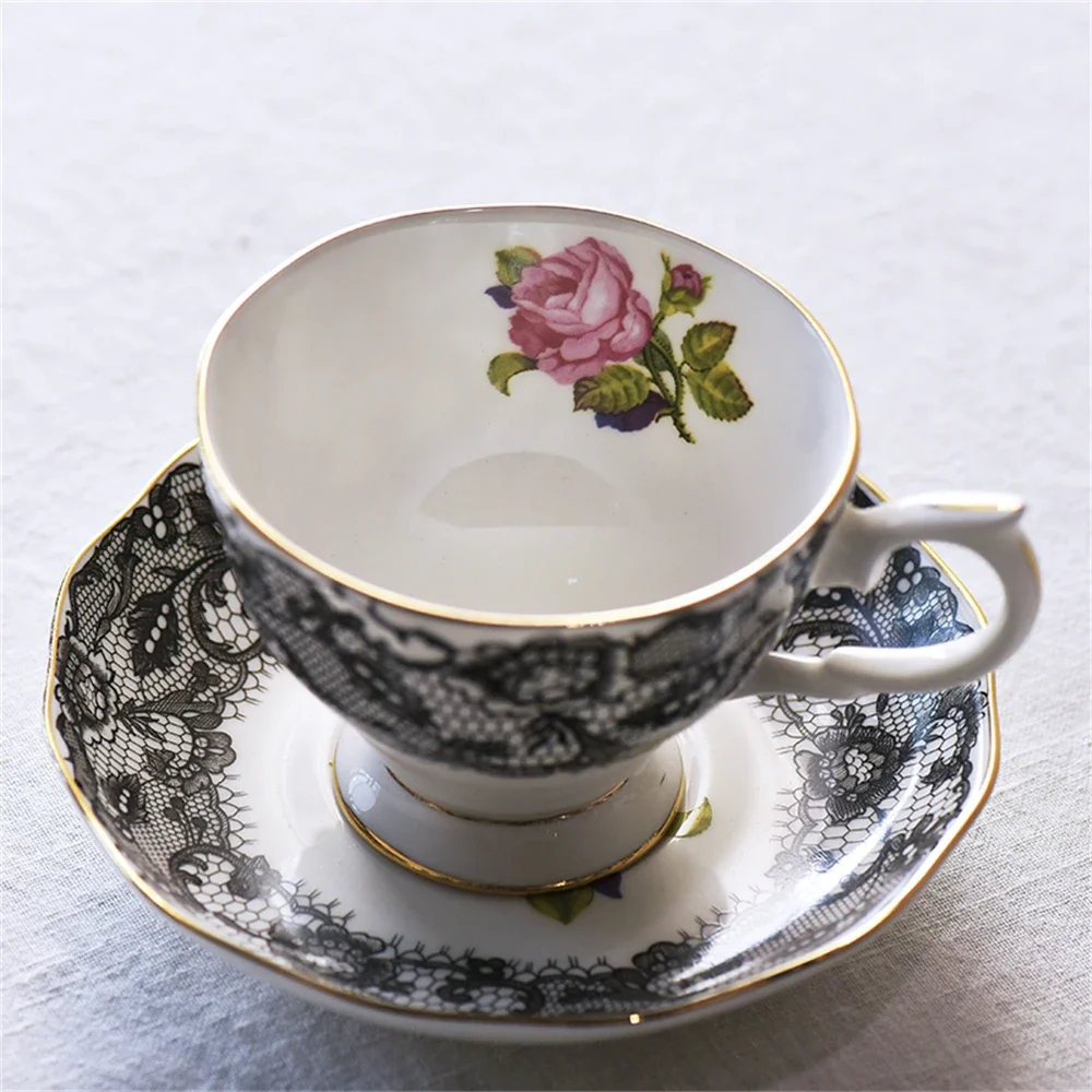 English Ceramic Coffee Cup And Saucer Afternoon Tea Black Lace Print Rose Kitchen Supplies Bone China Cup And Saucer Soup Plate