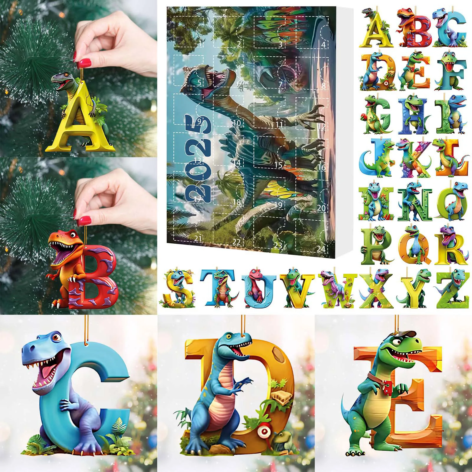 Christmas Decorations toys 2025 fashion Dinosaur Letter Pendants Christmas Countdown Calendar Glass hanging decoration for home