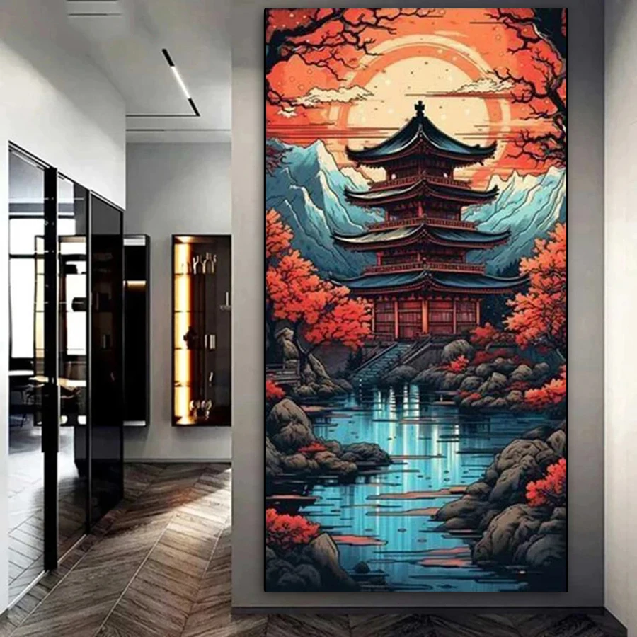 Big Size Diamond Painting Complete Kits Temples And Pavilions Scenery Diy Full Mosaic Embroidery Landscape Picture Wall Decor