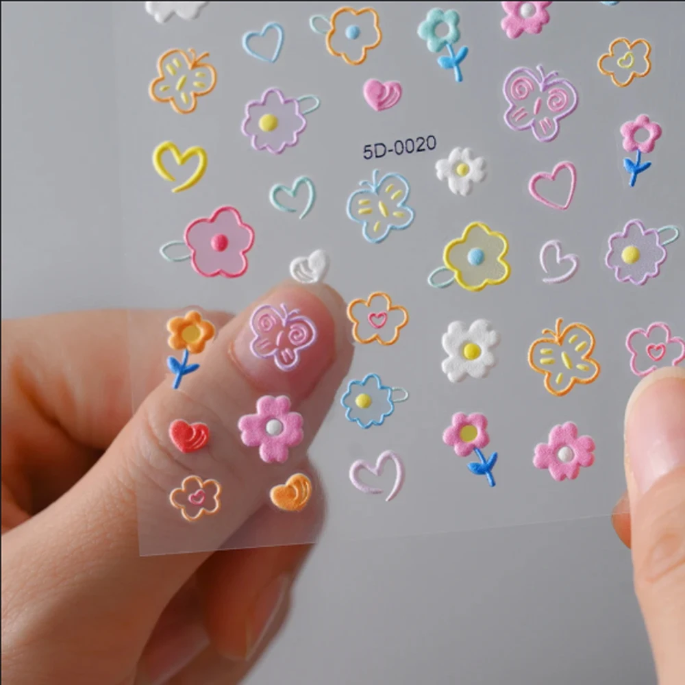 1pcs 5D Kawaii Nail Sticker Colourful Flower Letter Nail Art Slider Cartoon Manicure Self-Adhesive For Kids Girl Nail Decoration