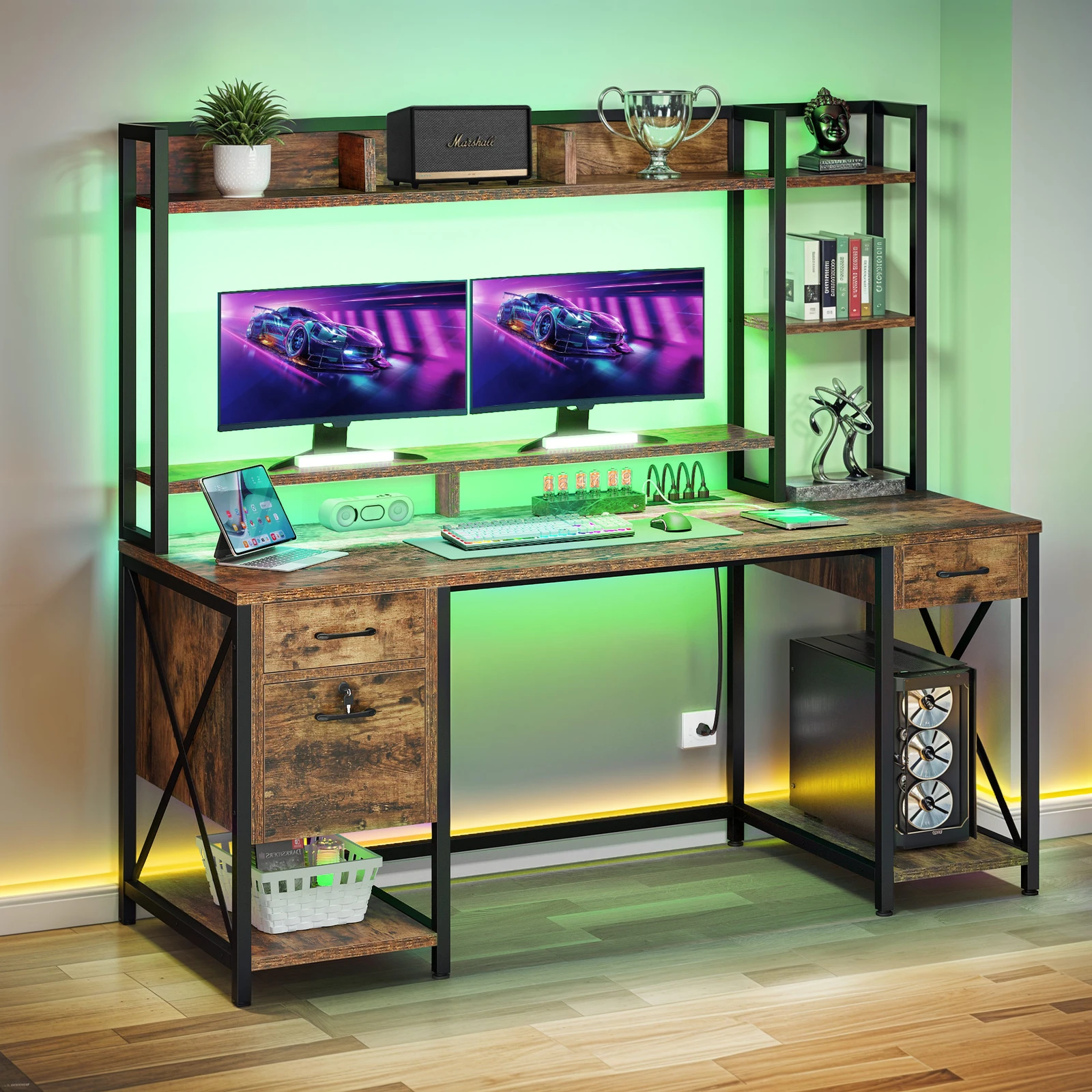 

59" Home Office Computer Desk Drawers Shelves Hutch LED Lights w/ Power Hub