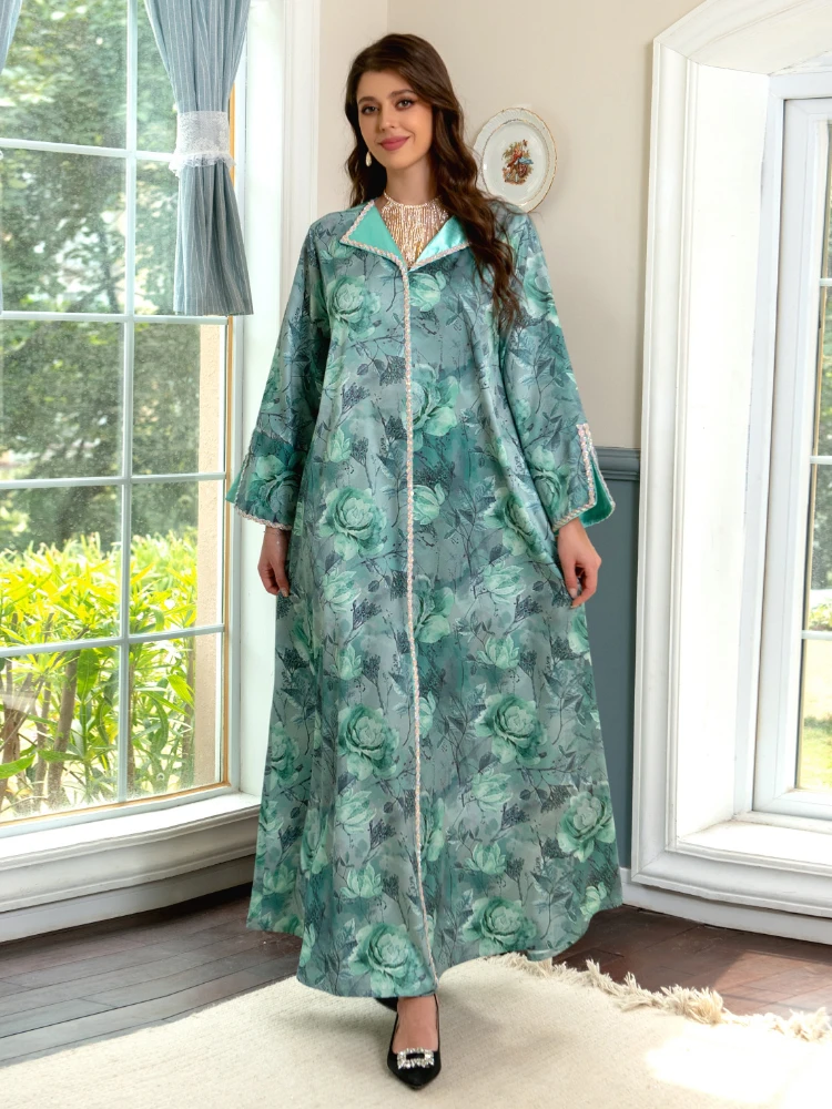 Eid Muslim Print Flowers Long Dress Women Ramadan Abaya Diamond Dubai Arabic Turkey Islam Kaftans Robes Party Caftan Kaftan 2023