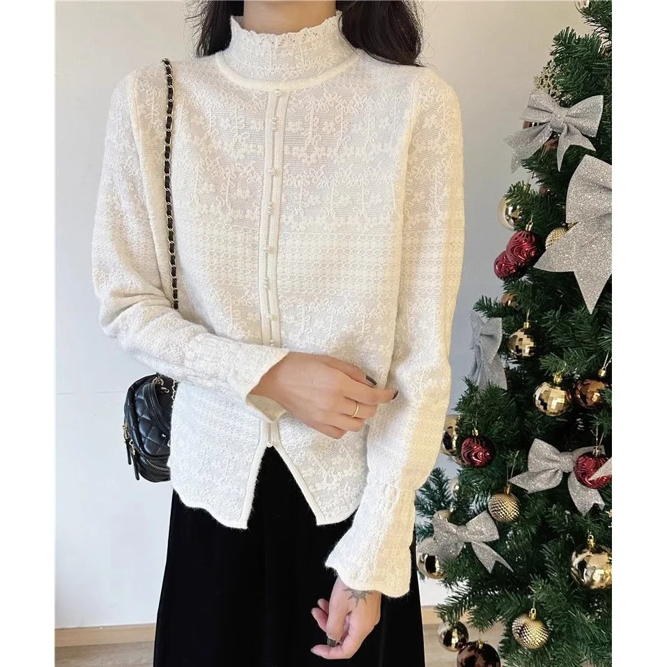 

Women Knitted Cardigan Sweaters Solid Jumpers Lace Half High Collar Long Sleeves Loose Fit Casual Office Lady 2025 Autumn Winter