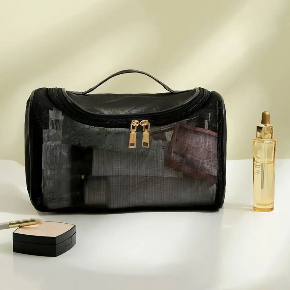 

Solid Color Mesh Cosmetic Bag Zipper Large Capacity Transparent Makeup Bag Storage Bag Toiletry Bag Handheld Makeup Pouch Girls