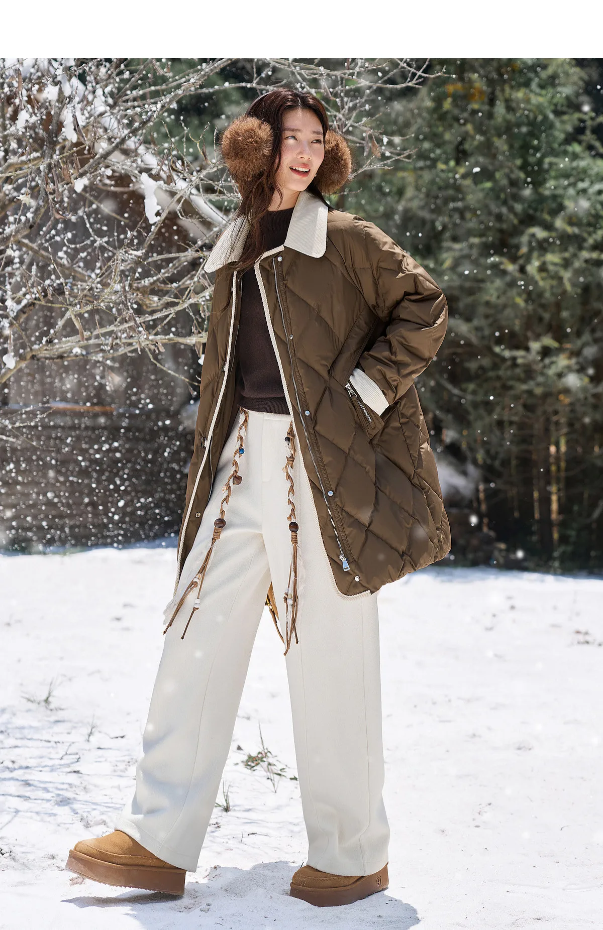 SENTUBILA 90% White Duck Down Jacket Women's 2026 Color Contrast Lapel Zip Pocket Coat Winter Loose Warm Outerwear W64YC7611