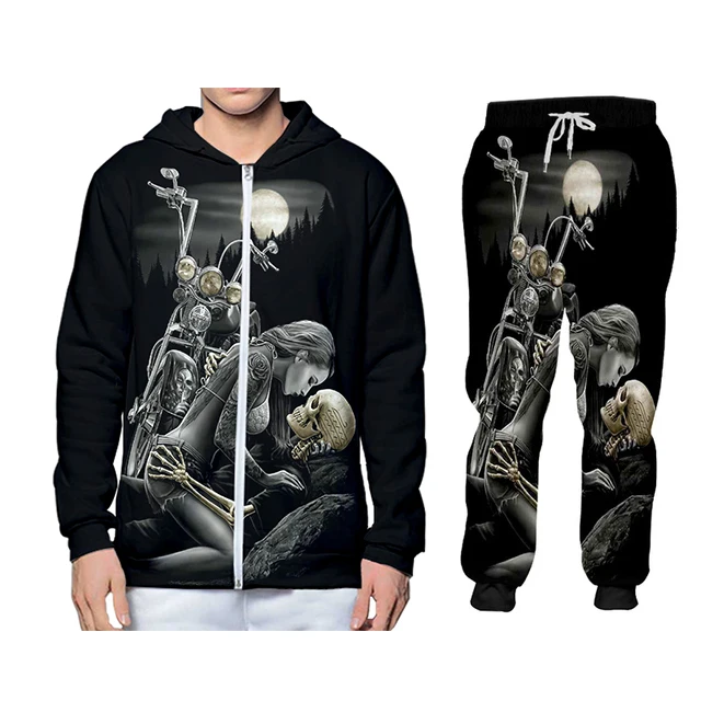 Jersey con estampado 3D de calavera de motocicleta para hombre, pantalones de 2 piezas con capucha, conjuntos de invierno para hombre, sudaderas con capucha, pantalones de chándal de gran tamaño