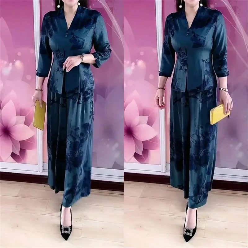 

Женский свободный комплект для мам, новинка лета 2029, женский модный костюм с принтом, рубашка на животе, широкие брюки с семиточечными рукавами, состоящие из двух частей