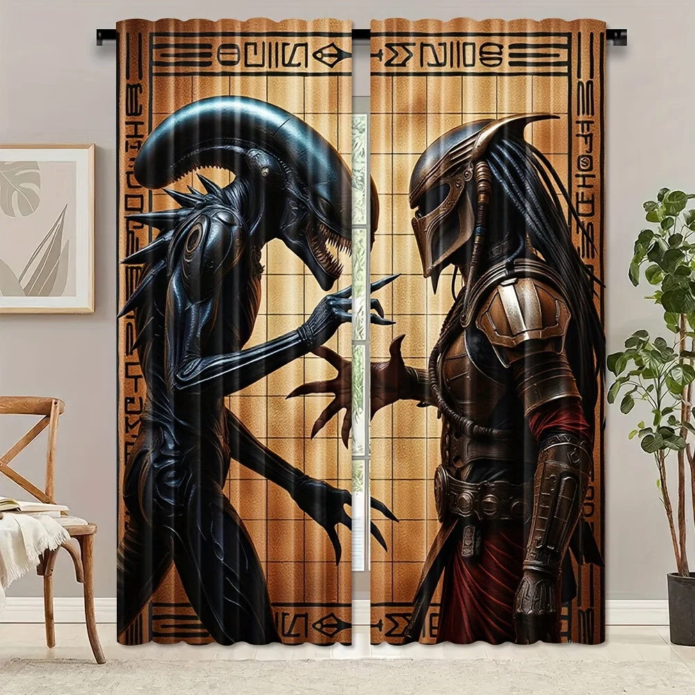 Gaming Alien Vs Predator Curtain 2 Pack, Ancient Hieroglyph Grid Monster Warrior Print Drapes for Cool Bedroom Gaming Room Decor