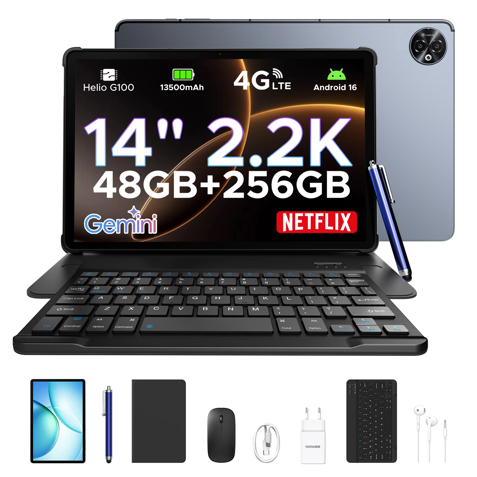 DOOGEE 2-in-1 PC Tablet Tab E3 Max Gmini AI 14" Screen 2.2K Battery 13500mAh Android 16 48GB(8+40) 256GB Helio G100 AI Tablet