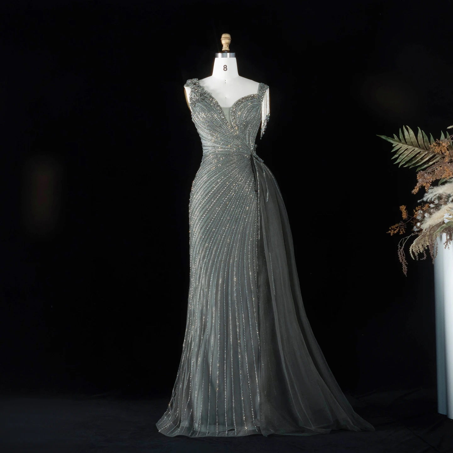 Sharon Said Abendkleid Glamouröses Grünes Tüllkleid mit Perlen und Quasten, Sweetheart-Ausschnitt, Luxuriöses Dubai-Formelles Hochzeits- und Partykleid SS103 Maßanfertigung – Detail 15