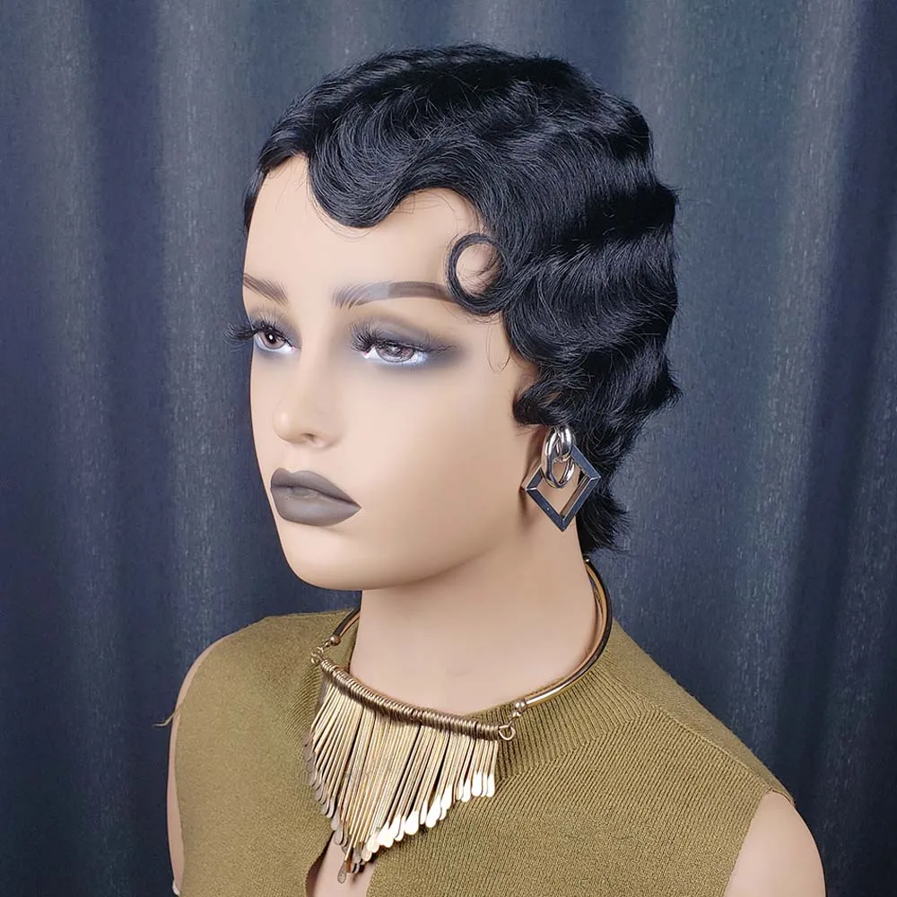 짧은 핑거 웨이브 픽시 컷 가발, 오션 웨이브 가발, 흑인 여성용 인모 레미 숏 레이어드 머신 메이드 밥 가발