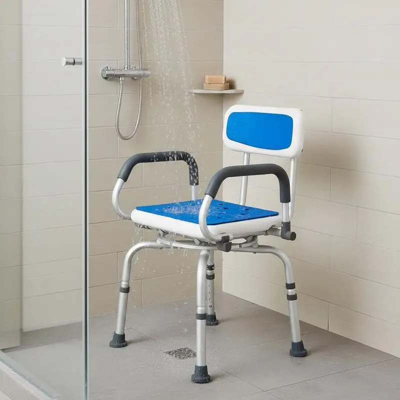 

Rotating Bath Stool 15x13 Inch For Bathtub Showering Nursing Home, 360 Degree Swivel Padded Seat Foldable Padded Arms Heavy Duty 400LBS Capacity Height Adjustable Aluminum Frame Gray Top